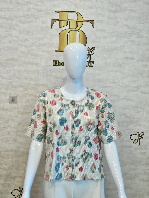 White_Cotton_Blend_Short_Sleeved_Tweed_Crop_Shirt_For_Women_&_Girls