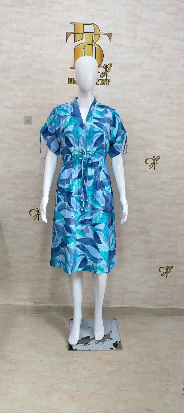 Blue_Rayon_Blend_Leafy_Print_Drawstring_Dress_For_Women_&_Girls