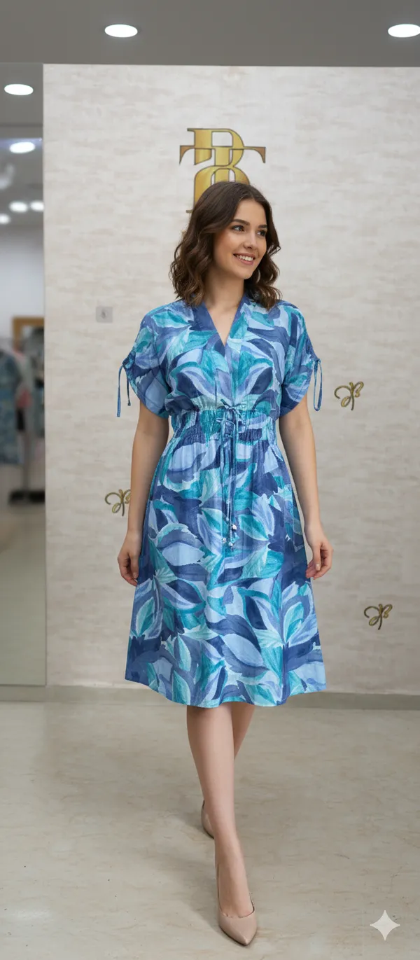 Blue_Rayon_Blend_Leafy_Print_Drawstring_Dress_For_Women_&_Girls
