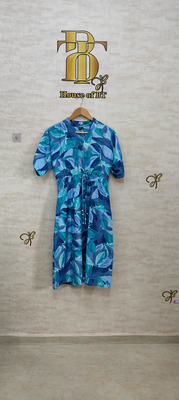 Blue_Rayon_Blend_Leafy_Print_Drawstring_Dress_For_Women_&_Girls