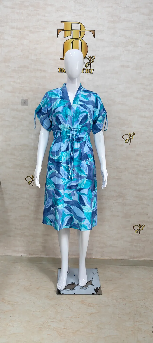 Blue_Rayon_Blend_Leafy_Print_Drawstring_Dress_For_Women_&_Girls