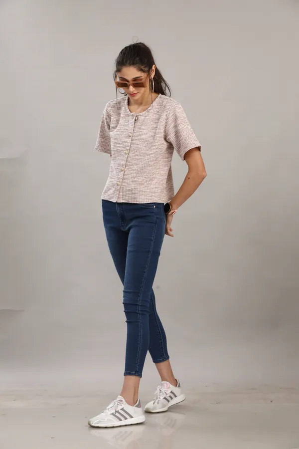 Pink_Cotton_Blend_Short_Sleeved_Tweed_Crop_Shirt_For_Women_&_Girls