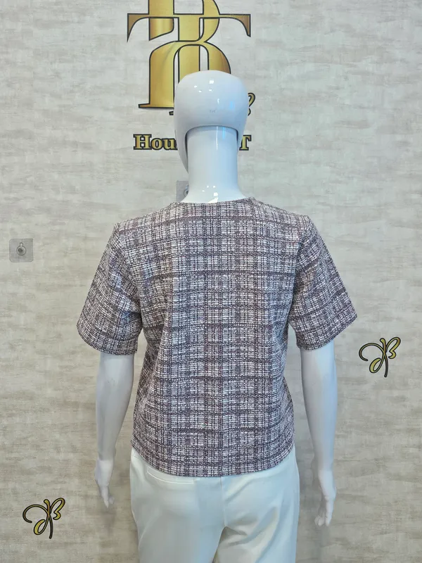 Pink_Cotton_Blend_Short_Sleeved_Tweed_Crop_Shirt_For_Women_&_Girls