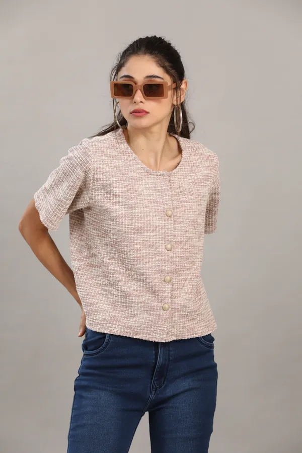 Pink_Cotton_Blend_Short_Sleeved_Tweed_Crop_Shirt_For_Women_&_Girls