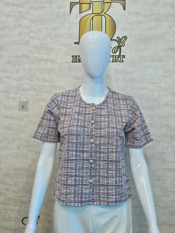 Pink_Cotton_Blend_Short_Sleeved_Tweed_Crop_Shirt_For_Women_&_Girls