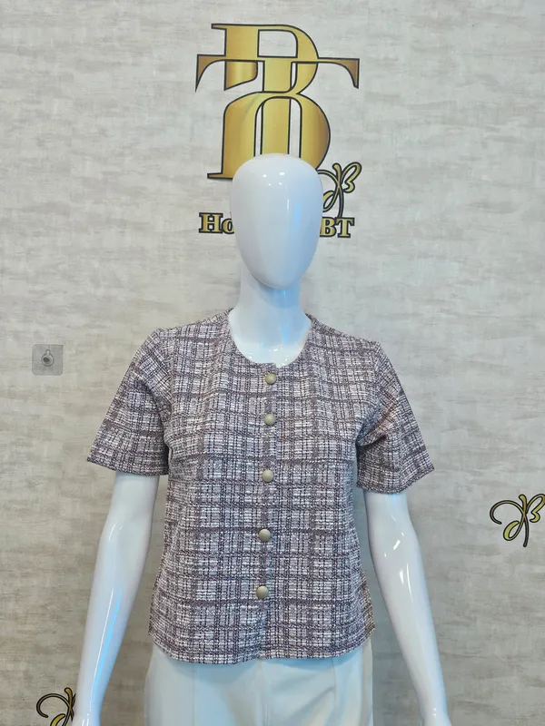 Pink_Cotton_Blend_Short_Sleeved_Tweed_Crop_Shirt_For_Women_&_Girls