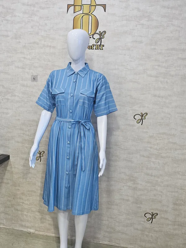 Sky_Blue_Rayon,_Nylon_&_Spandex_Denim_Look_Formal_Shirt_Dress_For_Women_&_Girls
