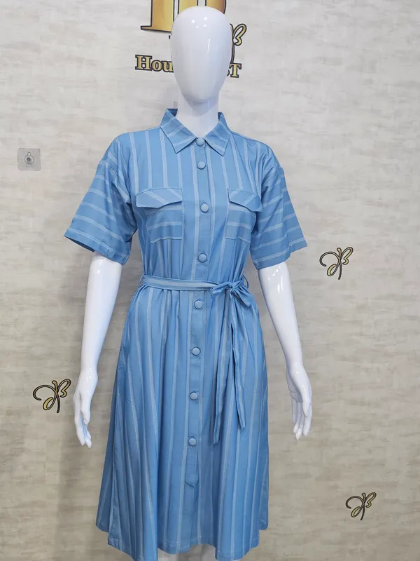 Sky_Blue_Rayon,_Nylon_&_Spandex_Denim_Look_Formal_Shirt_Dress_For_Women_&_Girls