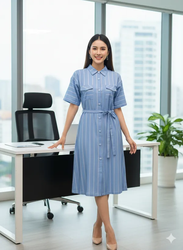 Sky_Blue_Rayon,_Nylon_&_Spandex_Denim_Look_Formal_Shirt_Dress_For_Women_&_Girls