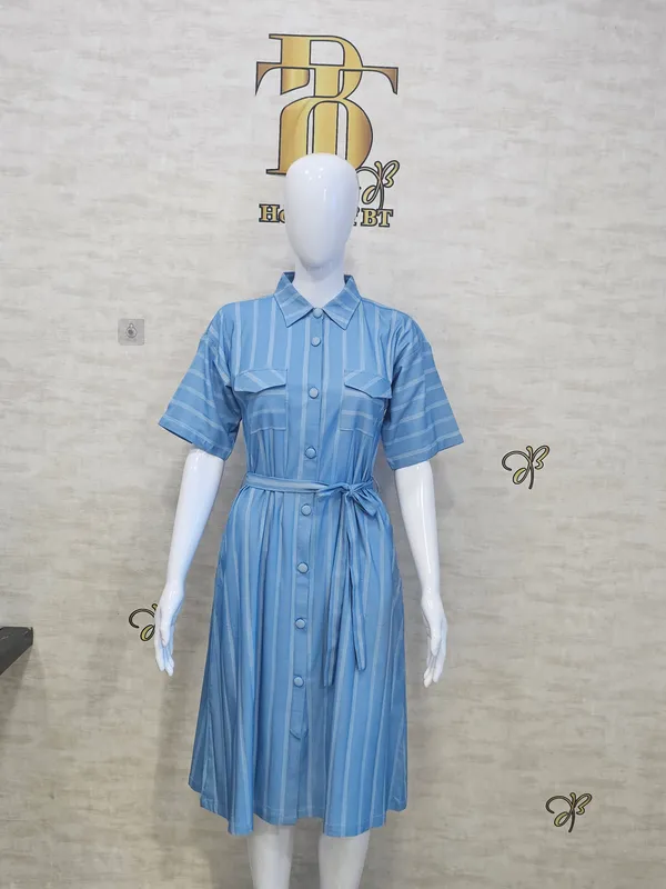Sky_Blue_Rayon,_Nylon_&_Spandex_Denim_Look_Formal_Shirt_Dress_For_Women_&_Girls