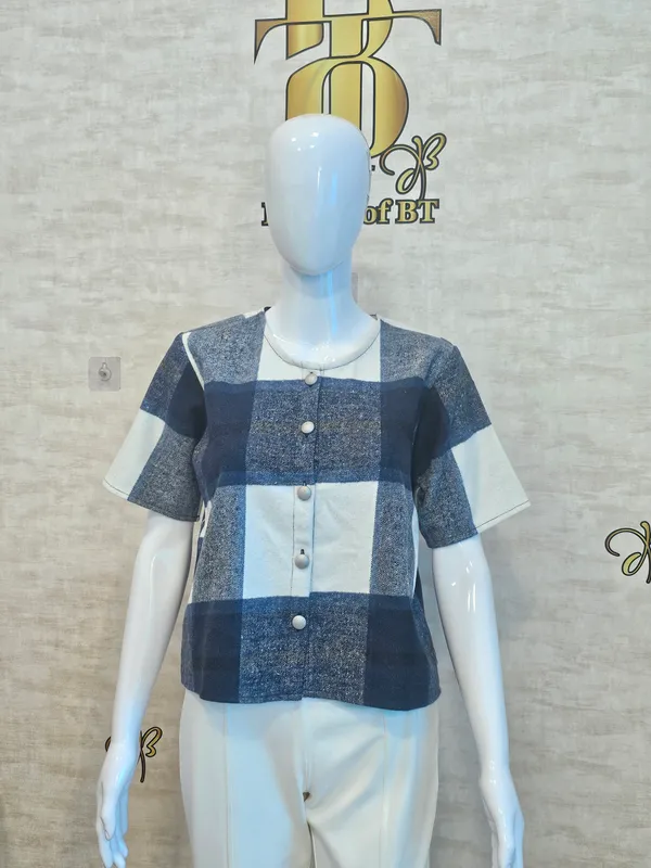 Blue_Cotton_Blend_Short_Sleeved_Tweed_Crop_Shirt_For_Women_&_Girls