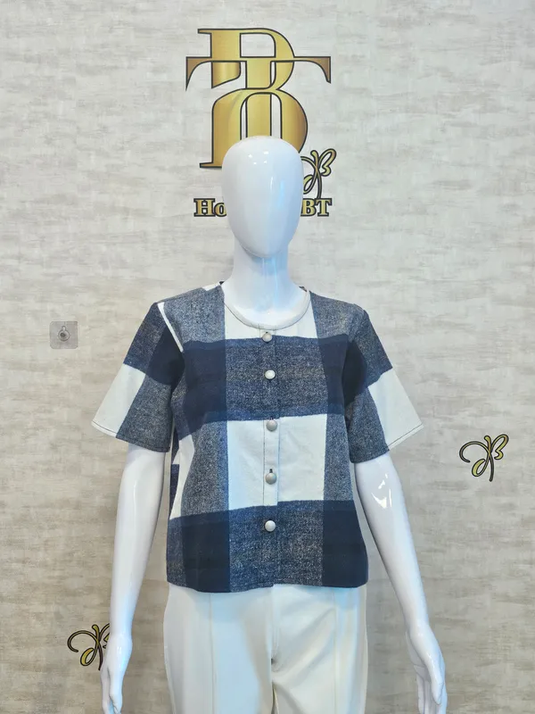 Blue_Cotton_Blend_Short_Sleeved_Tweed_Crop_Shirt_For_Women_&_Girls