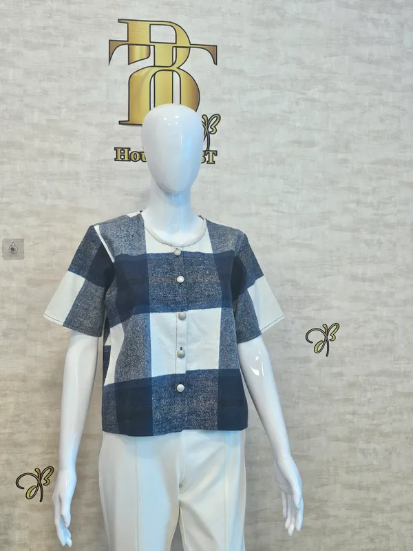 Blue_Cotton_Blend_Short_Sleeved_Tweed_Crop_Shirt_For_Women_&_Girls