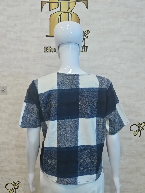 Blue_Cotton_Blend_Short_Sleeved_Tweed_Crop_Shirt_For_Women_&_Girls