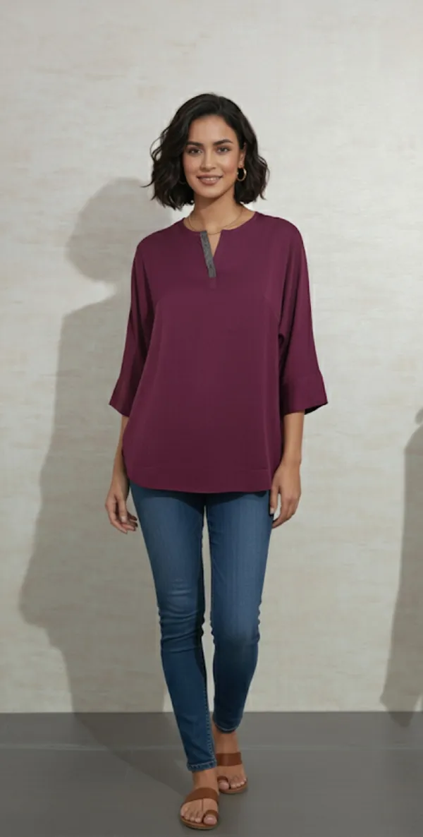 Wine_Satin_Exquisite_Studded_Lace_Tunic_For_Women_&_Girls