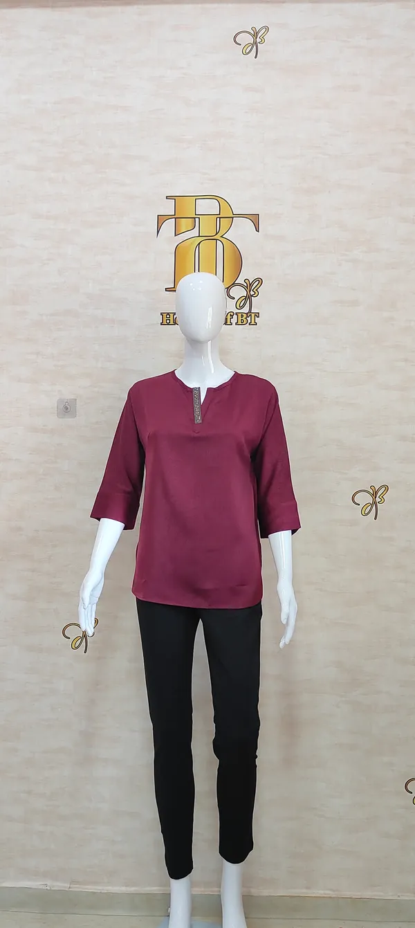 Wine_Satin_Exquisite_Studded_Lace_Tunic_For_Women_&_Girls
