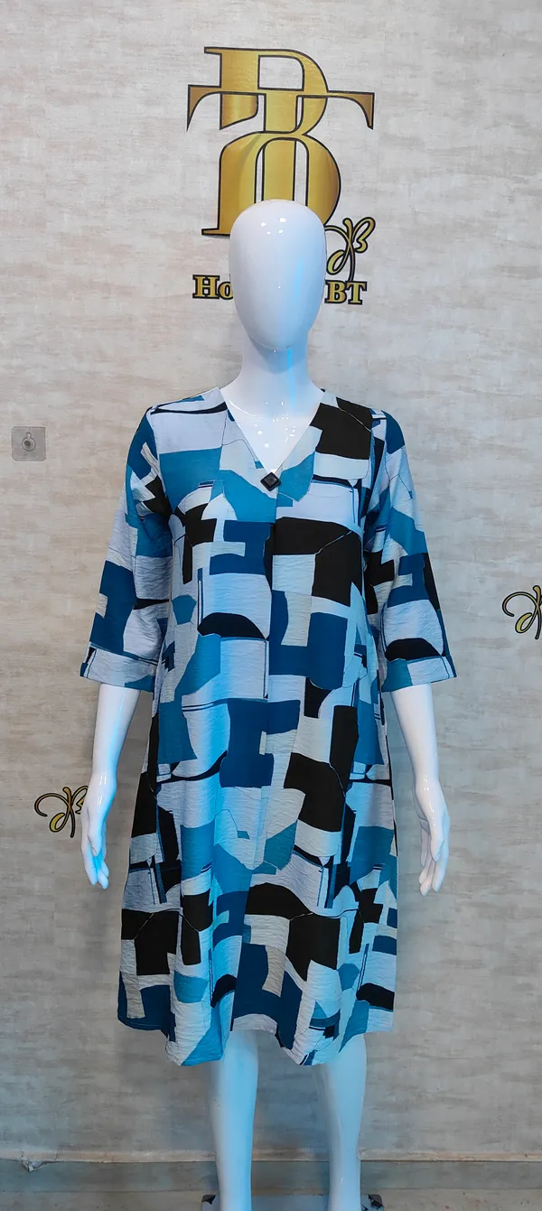 Blue_Rayon_Blend_Mosaic_Shift_Print_Dress_For_Women_&_Girls