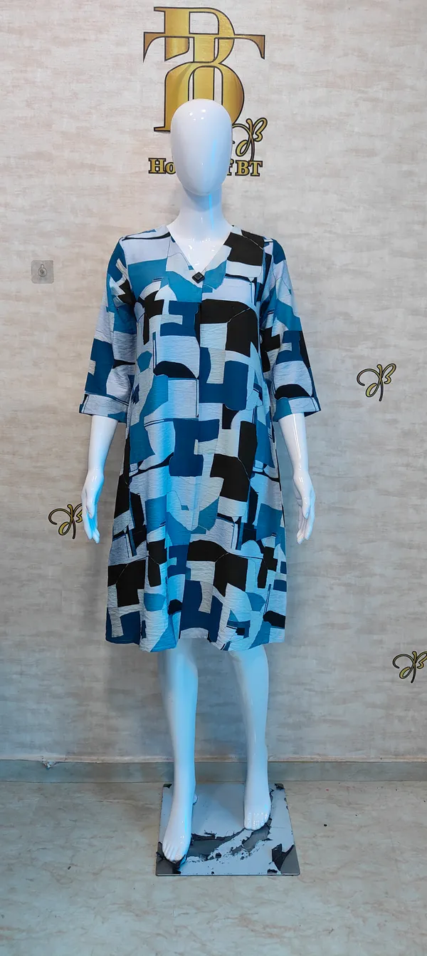 Blue_Rayon_Blend_Mosaic_Shift_Print_Dress_For_Women_&_Girls