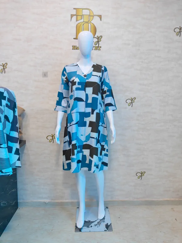 Blue_Rayon_Blend_Mosaic_Shift_Print_Dress_For_Women_&_Girls