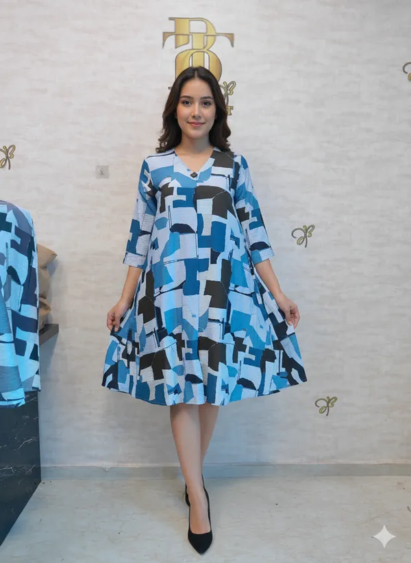 Blue_Rayon_Blend_Mosaic_Shift_Print_Dress_For_Women_&_Girls
