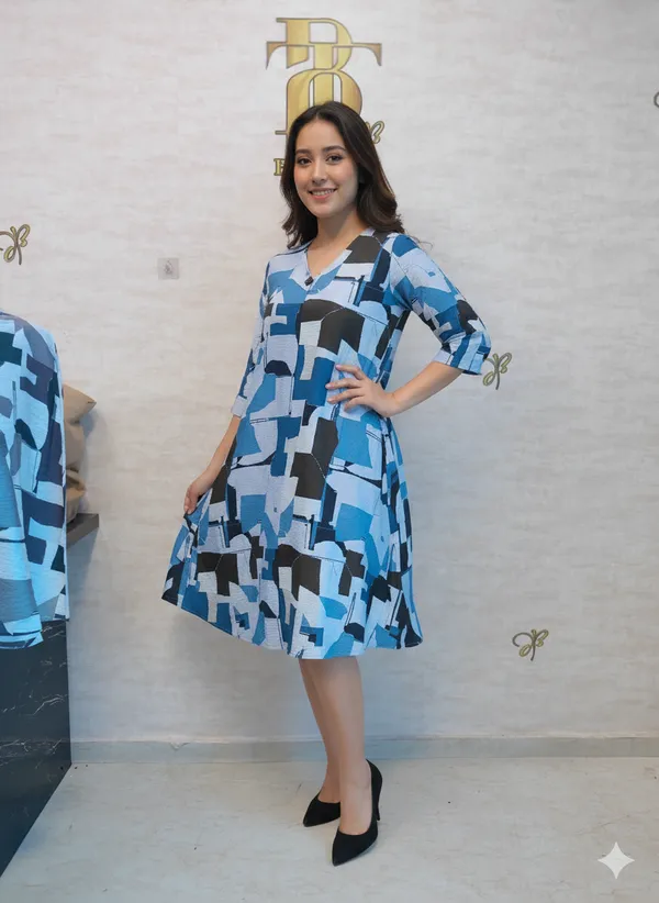 Blue_Rayon_Blend_Mosaic_Shift_Print_Dress_For_Women_&_Girls
