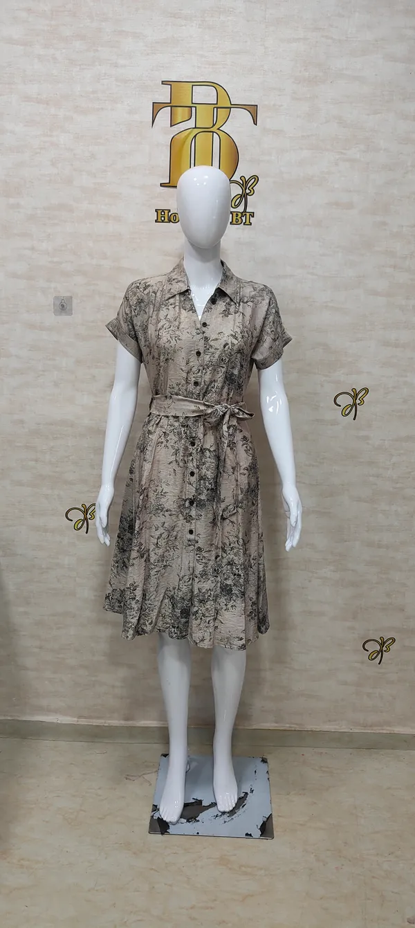 Beige_Rayon_Blend_Fine_Print_Belted_Shirt_Dress_For_Women_&_Girls