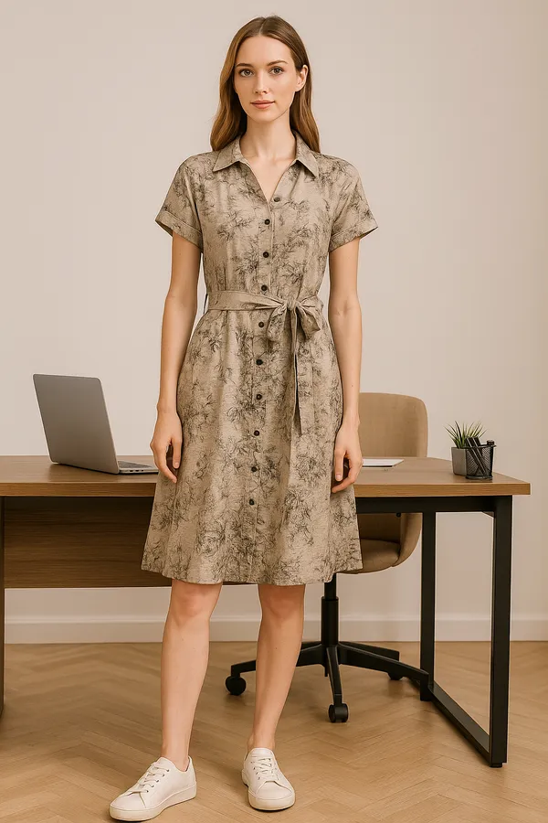 Beige_Rayon_Blend_Fine_Print_Belted_Shirt_Dress_For_Women_&_Girls