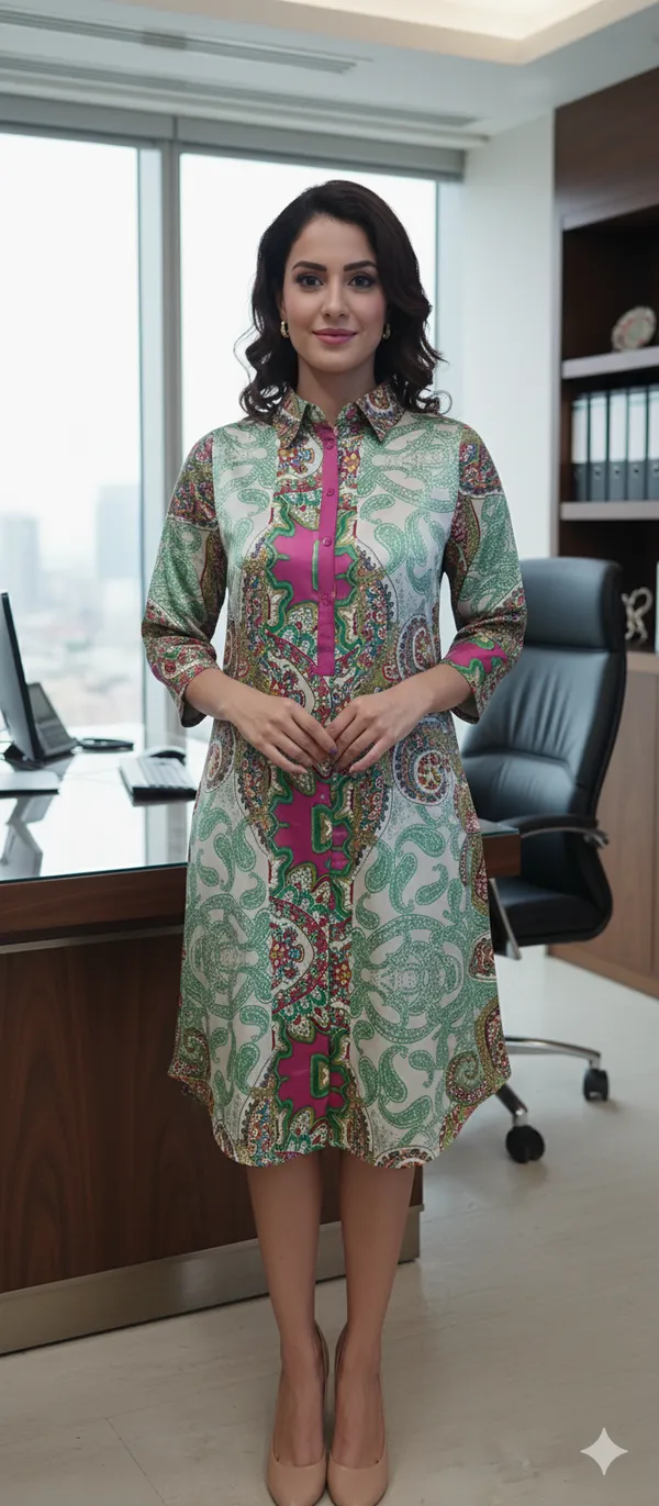 Green_Poly_Panel_Print_Satin_Dress_For_Women_&_Girls