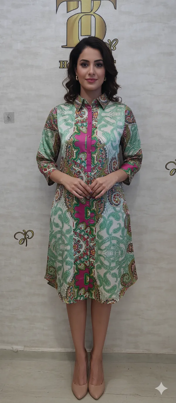 Green_Poly_Panel_Print_Satin_Dress_For_Women_&_Girls