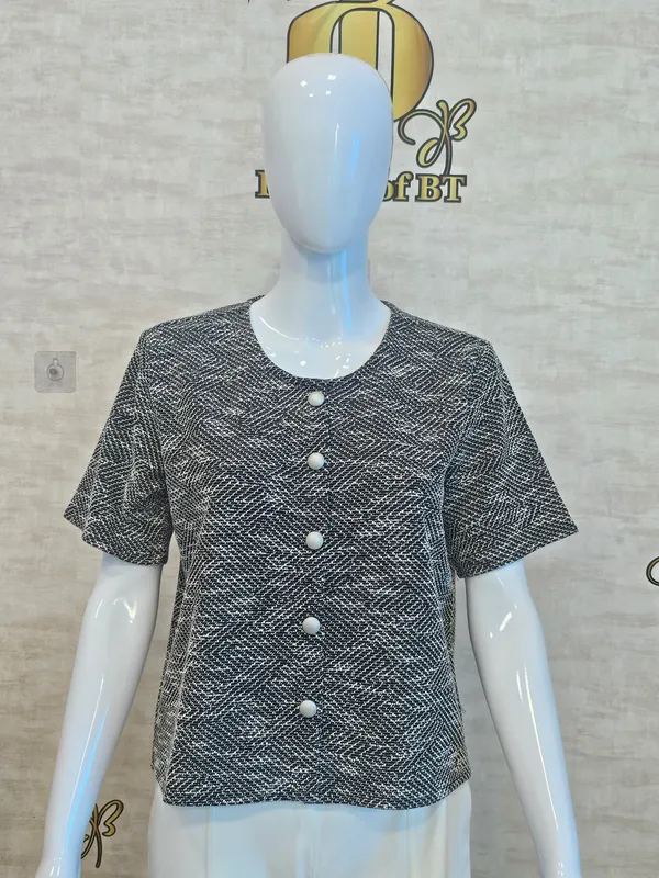 Black_Cotton_Blend_Short_Sleeved_Tweed_Crop_Shirt_For_Women_&_Girls