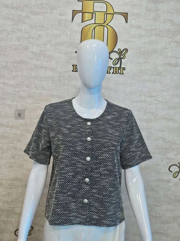 Black_Cotton_Blend_Short_Sleeved_Tweed_Crop_Shirt_For_Women_&_Girls