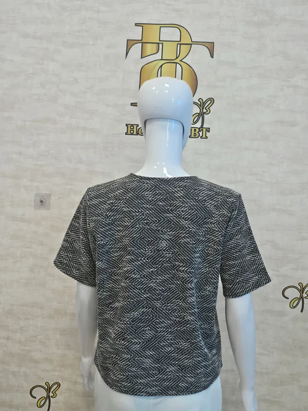 Black_Cotton_Blend_Short_Sleeved_Tweed_Crop_Shirt_For_Women_&_Girls