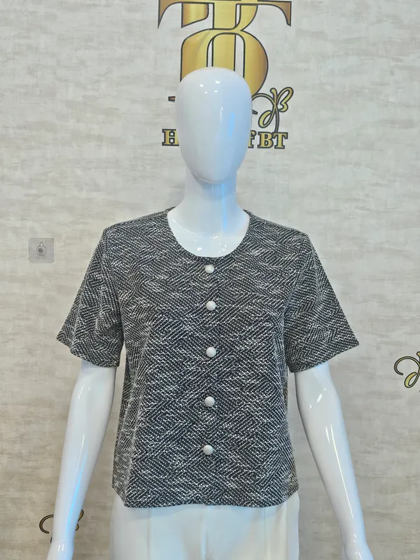 Black_Cotton_Blend_Short_Sleeved_Tweed_Crop_Shirt_For_Women_&_Girls