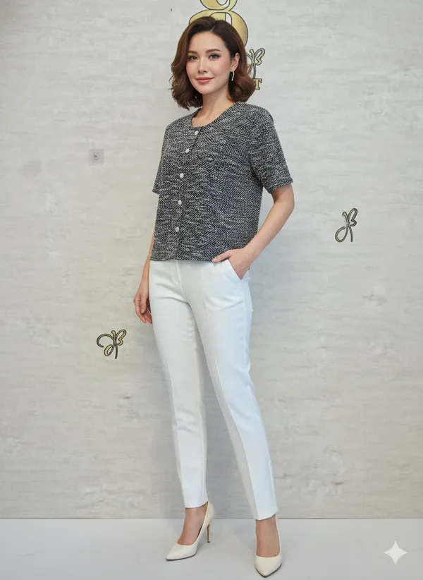 Black_Cotton_Blend_Short_Sleeved_Tweed_Crop_Shirt_For_Women_&_Girls