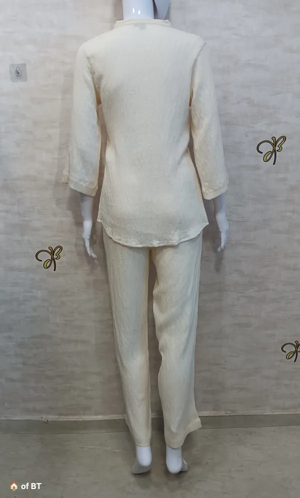 Cream_Rayon_Blend_Wrinkled_Tunic_Co-Ord_Set_For_Women_&_Girls