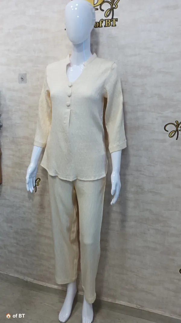 Cream_Rayon_Blend_Wrinkled_Tunic_Co-Ord_Set_For_Women_&_Girls
