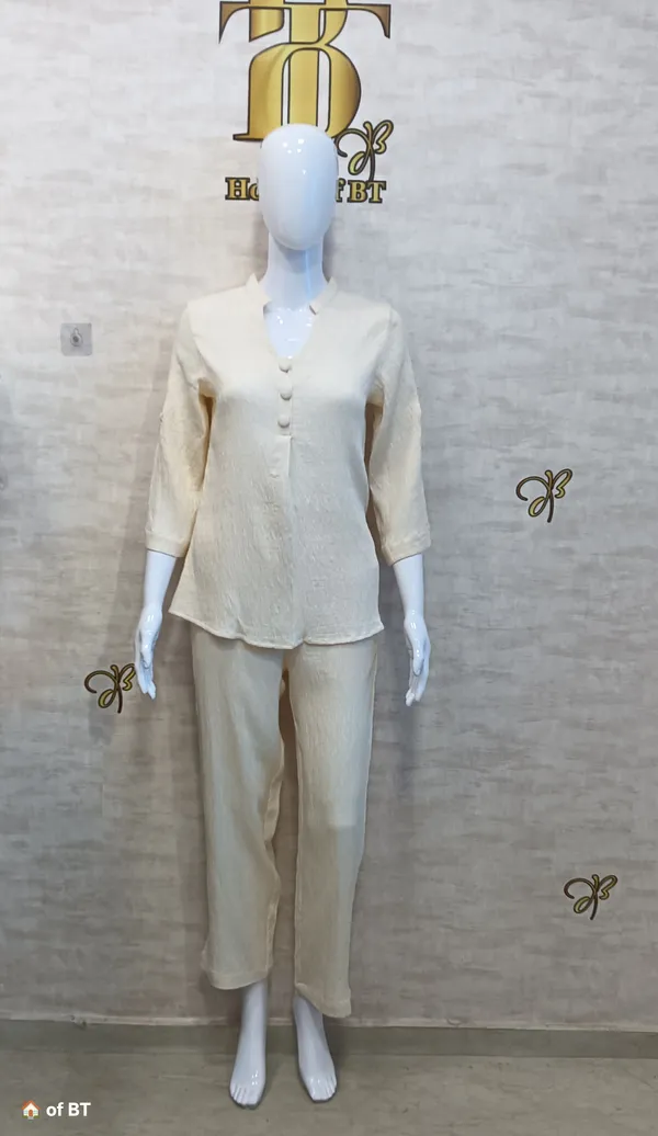 Cream_Rayon_Blend_Wrinkled_Tunic_Co-Ord_Set_For_Women_&_Girls