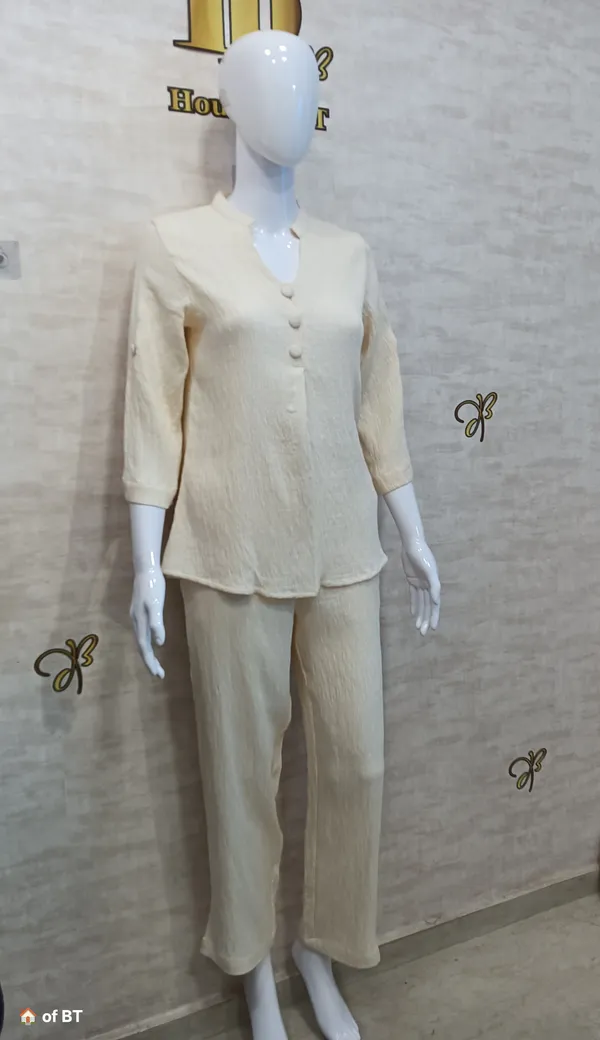 Cream_Rayon_Blend_Wrinkled_Tunic_Co-Ord_Set_For_Women_&_Girls