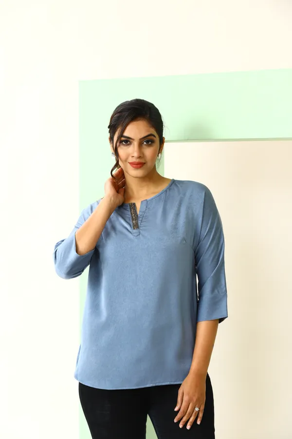 Blue_Satin_Exquisite_Studded_Lace_Tunic_For_Women_&_Girls