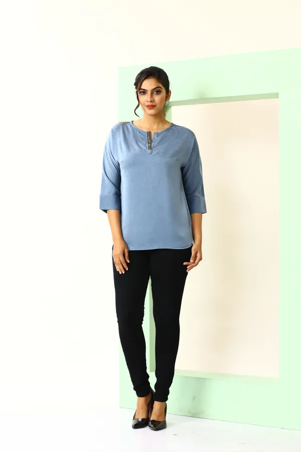 Blue_Satin_Exquisite_Studded_Lace_Tunic_For_Women_&_Girls