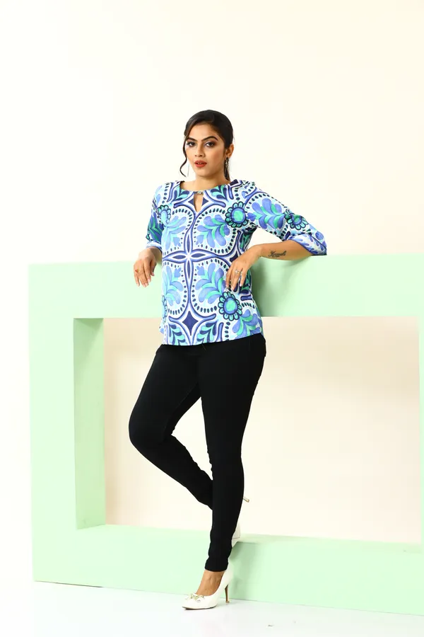 Blue_Satin_Vibrant_Tile_Print_Satin_Top_For_Women_&_Girls