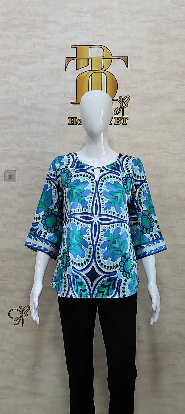 Blue_Satin_Vibrant_Tile_Print_Satin_Top_For_Women_&_Girls