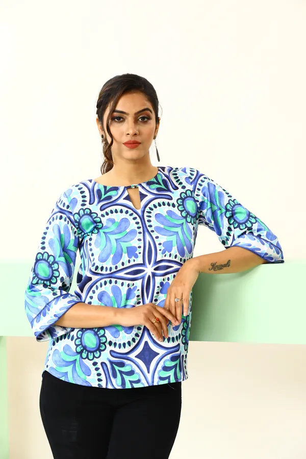 Blue_Satin_Vibrant_Tile_Print_Satin_Top_For_Women_&_Girls