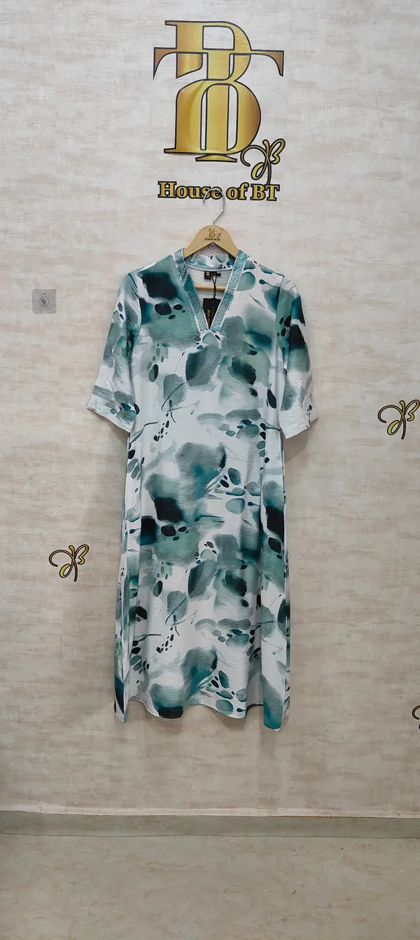 Green_Rayon_Blend_Water_Color_Print_Dress_For_Women_&_Girls