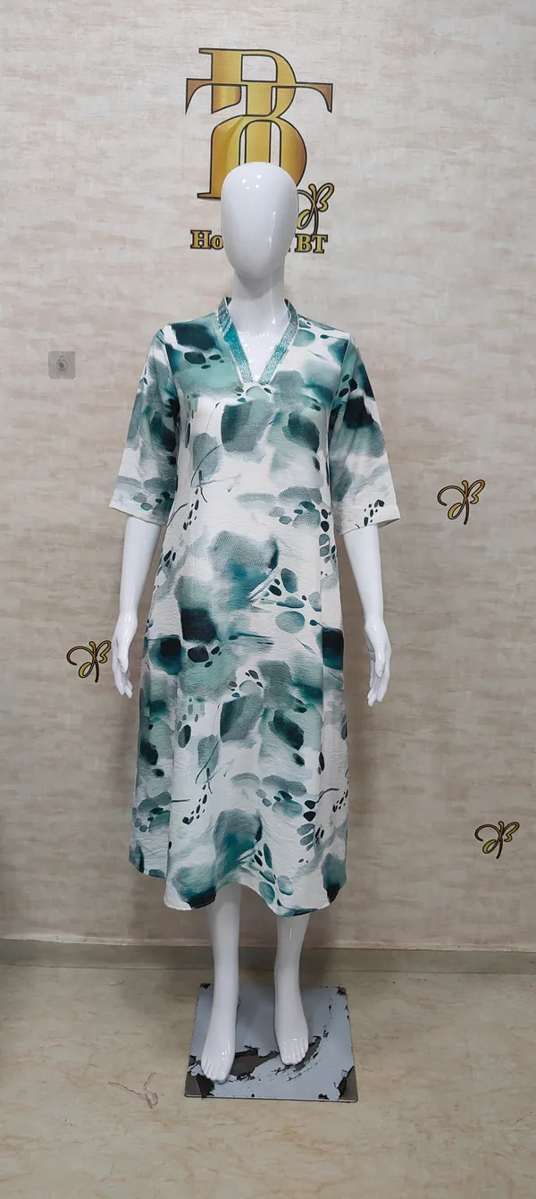 Green_Rayon_Blend_Water_Color_Print_Dress_For_Women_&_Girls