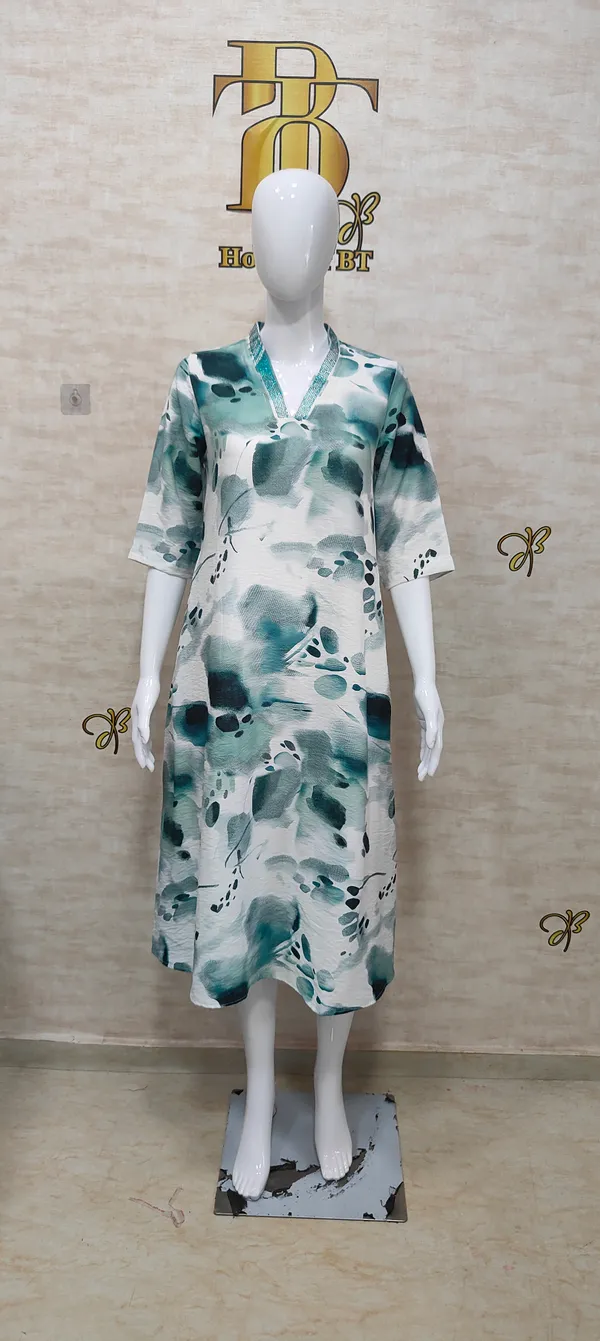 Green_Rayon_Blend_Water_Color_Print_Dress_For_Women_&_Girls