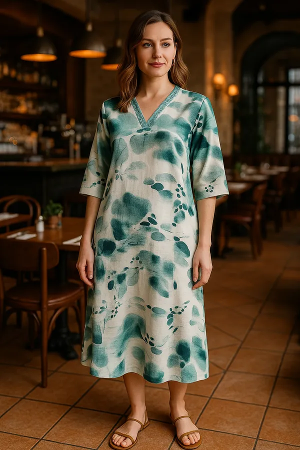 Green_Rayon_Blend_Water_Color_Print_Dress_For_Women_&_Girls