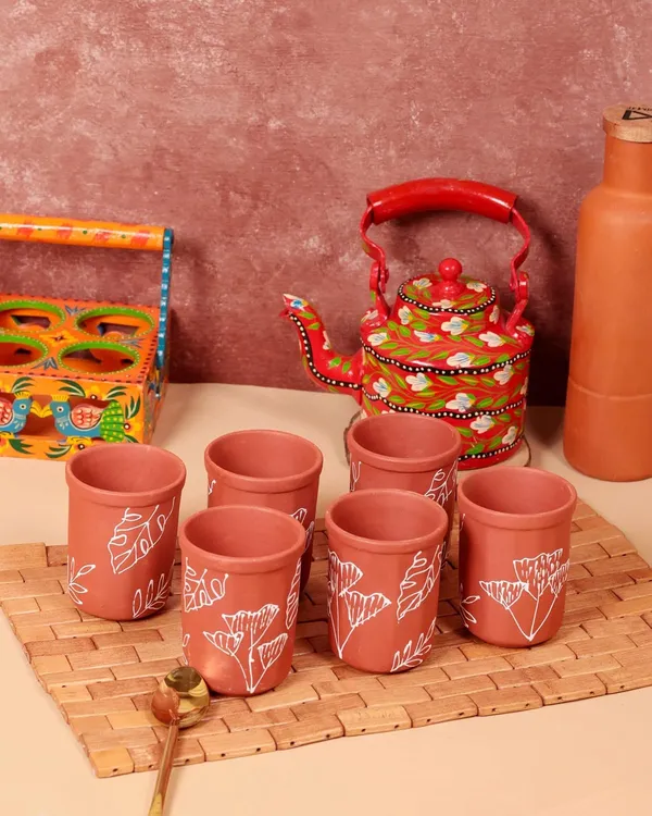 Terracotta_Clay_Kullad_Tea_Cups_Set|_Brown_Handpainted_Terracotta_Clay_(120_Ml)