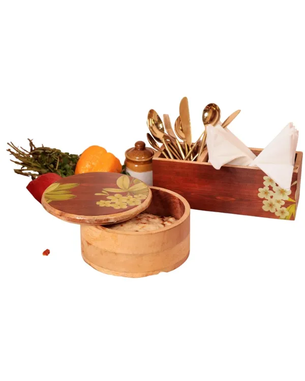 Brown_Wooden_Kitchen_Organiser_Set_With_Floral_Design,_Cutlery_Holder_And_Storage_Box,_Round_Container_With_Lid