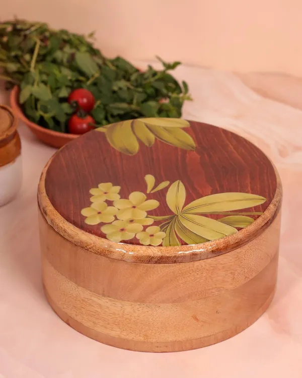 Brown_Wooden_Kitchen_Organiser_Set_With_Floral_Design,_Cutlery_Holder_And_Storage_Box,_Round_Container_With_Lid